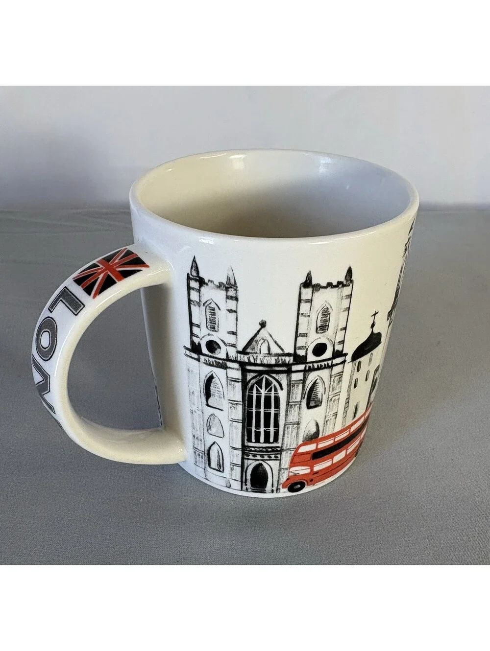 Queens London England Souvenir Mug Big Ben Red Bus Union Jack Coffee Cup
